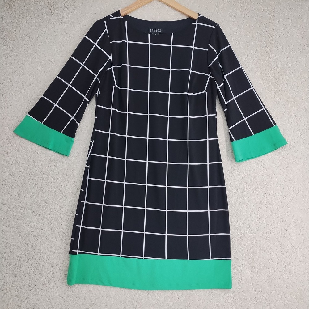 Enfocus Studio Dress Womens 14 Black Windowpane 3/4 Sleeve Green Hem Cuffs